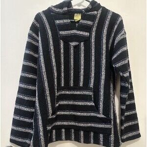 Vintage Frank’s Baja Hoodie Black Striped Mexican Poncho Pullover M/L
